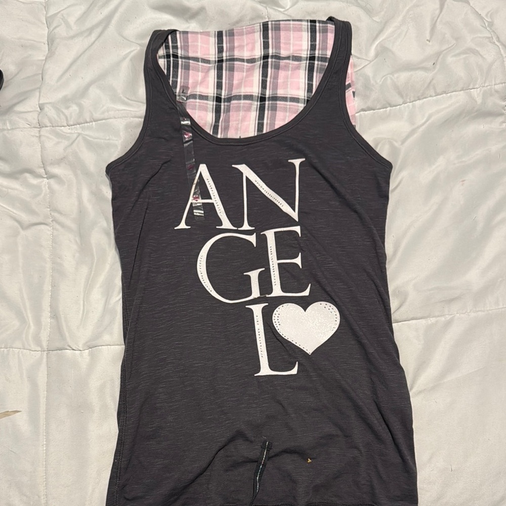 Victoria's Secret Gray and Pink Pajama Tank Top Angel Print